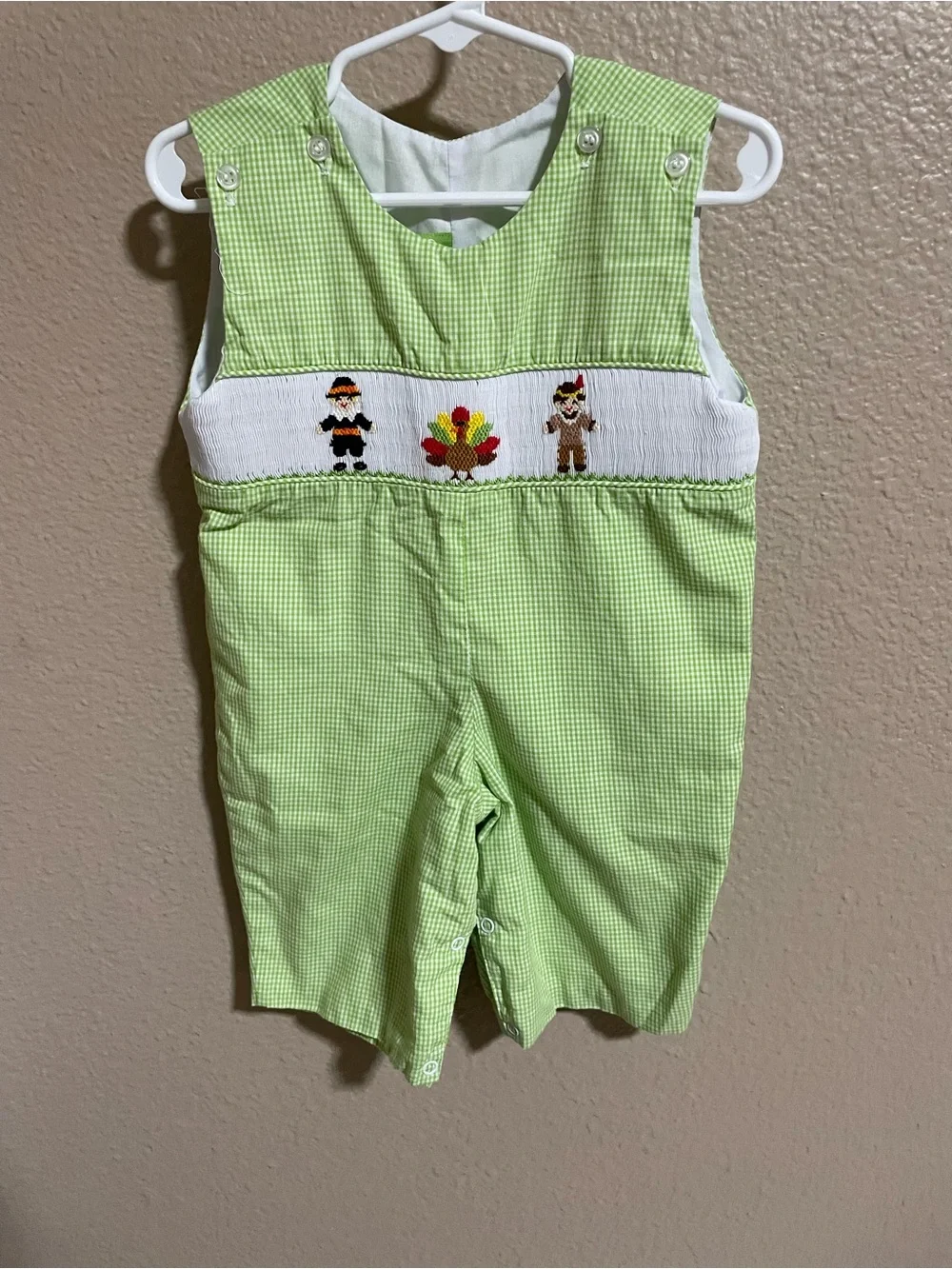 Classic Whimsy Green Smocked Kids Thanksgiving Romper